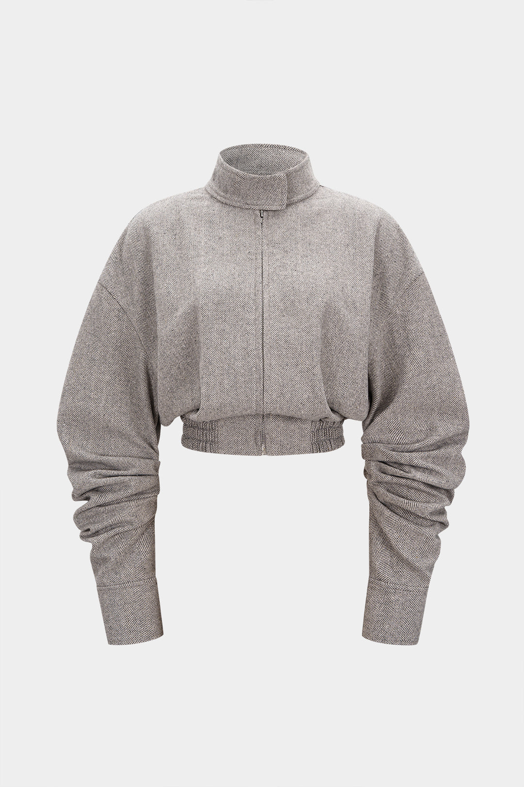 High Neck Ruched Shirred Zipper Cropped Jacket