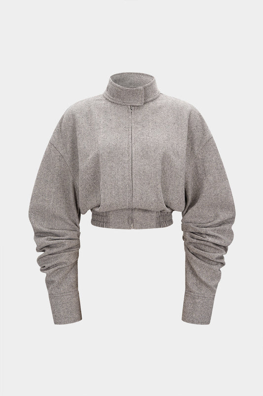 High Neck Ruched Shirred Zipper Cropped Jacket
