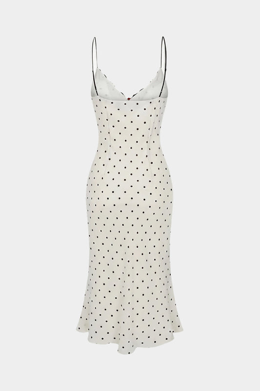 Polka Dots Print Chiffon Patchwork Lace Trim Slip Sleeveless Midi Dress