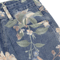 Denim Floral Print High Waist Straight Leg Jeans