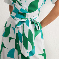 Contrast Geometric Print Lapel Tie-Up Short Sleeve Jumpsuit