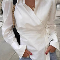 V-Neck Asymmetrical Tie Back Long-Sleeve Shirt