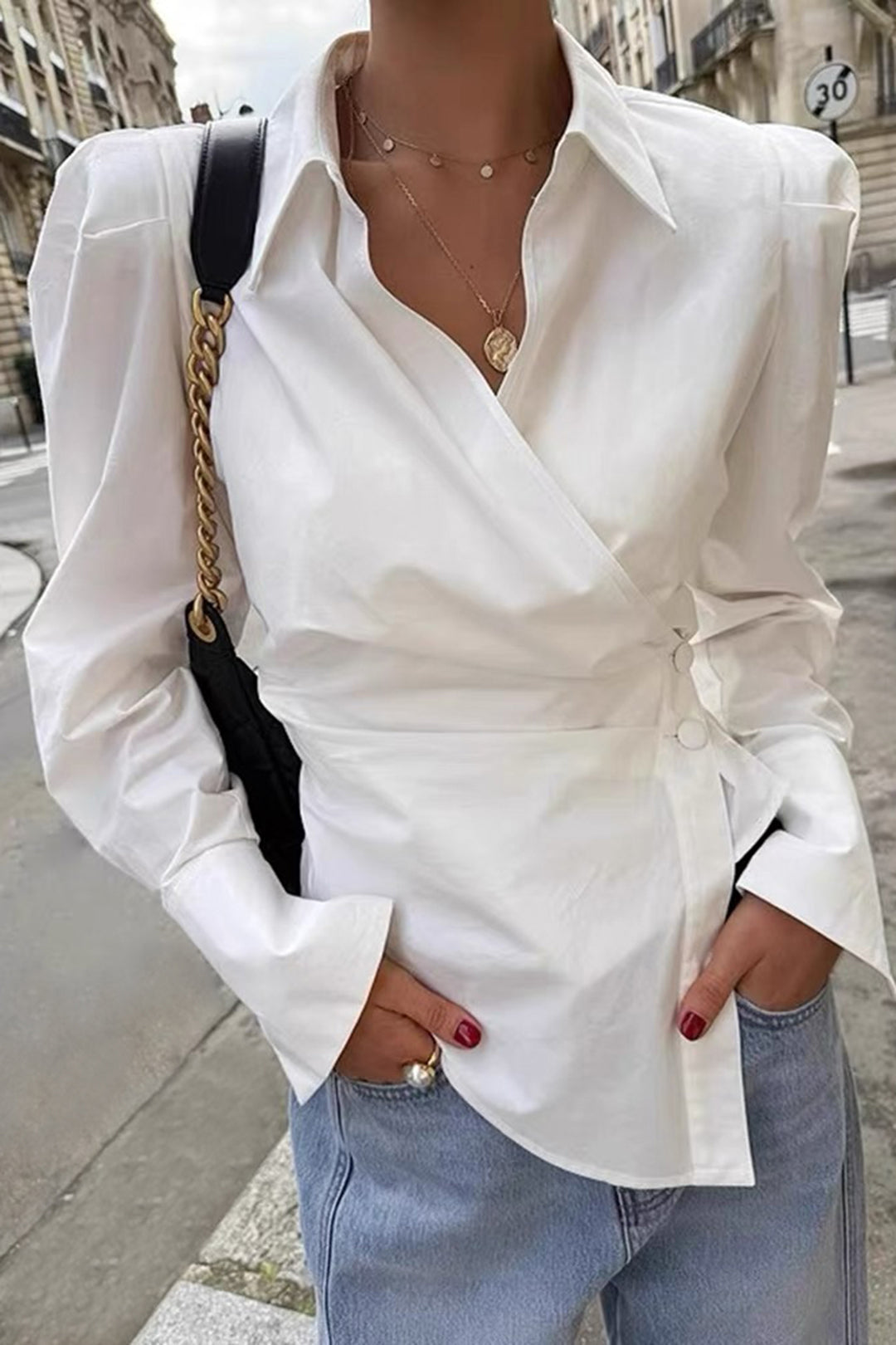 V-Neck Asymmetrical Tie Back Long-Sleeve Shirt