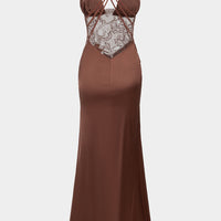 Stain Patchwork Sheer Lace V-Neck Crosssed Backless Maxi Dress