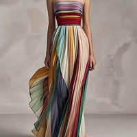 Elegant Striped Printed Off-shoulder Pleated Bandeau Maxi Dress