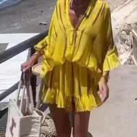 Unique Tie Dye Ruffle Batwing Sleeve Elastic Waist Kaftan Mini Dress