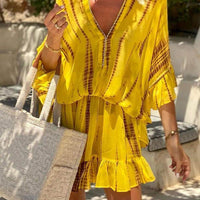 Unique Tie Dye Ruffle Batwing Sleeve Elastic Waist Kaftan Mini Dress