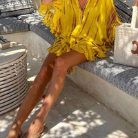 Unique Tie Dye Ruffle Batwing Sleeve Elastic Waist Kaftan Mini Dress