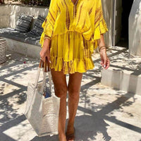 Unique Tie Dye Ruffle Batwing Sleeve Elastic Waist Kaftan Mini Dress