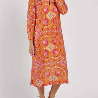 Stand Collar Printed Midi Dress