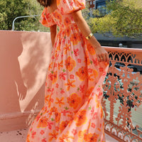Puff Sleeve Floral Print Back Smocked Pocket Maxi Dress