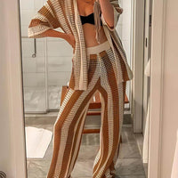 Loose V-Neck Fashion Hollow Out Striped Shirt Wide Leg Pants Set