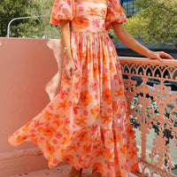 Puff Sleeve Floral Print Back Smocked Pocket Maxi Dress