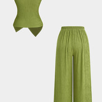 Metallic V-Neck Ruched Tank Top And Wide Leg Pants