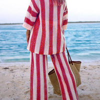 Loose V-Neck Fashion Hollow Out Striped Shirt Wide Leg Pants Set