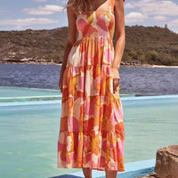 Sleeveless Sea Charm Pleated Stretch Chest Print Cami Dress