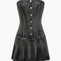 Denim Pleated Strapless Mini Dress