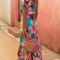 Off-Shoulder Palm Leaf Print Holiday Style Floral Dress