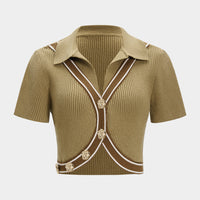 Knit Contrast Asymmetrical Metallic Button Short-Sleeve Top
