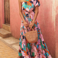 Off-Shoulder Palm Leaf Print Holiday Style Floral Dress