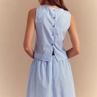 Stripes Print Button Tank Top And Pocket Skirt Set