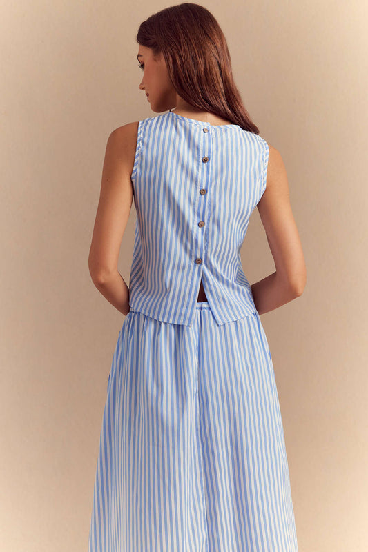 Stripes Print Button Tank Top And Pocket Skirt Set