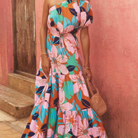 Off-Shoulder Palm Leaf Print Holiday Style Floral Dress
