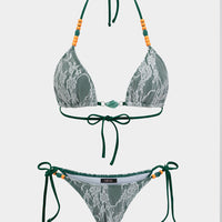Lace Patchwork Tie Front Beaded Bikini Set