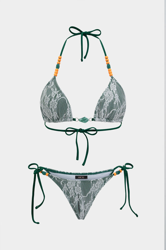 Lace Patchwork Tie Front Beaded Bikini Set