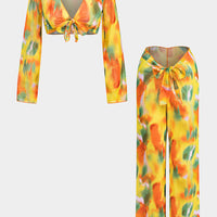 Watercolor Print Chiffon Tie Front Long Sleeve Top And Wide Leg Pants Set