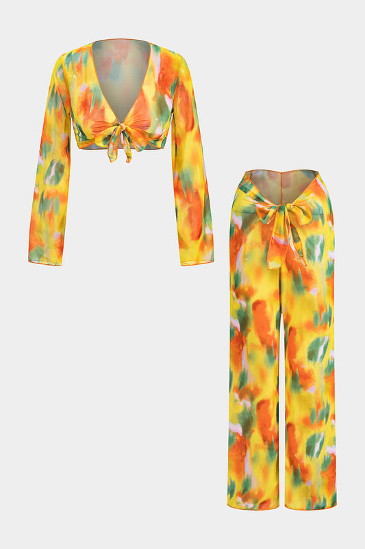 Watercolor Print Chiffon Tie Front Long Sleeve Top And Wide Leg Pants Set
