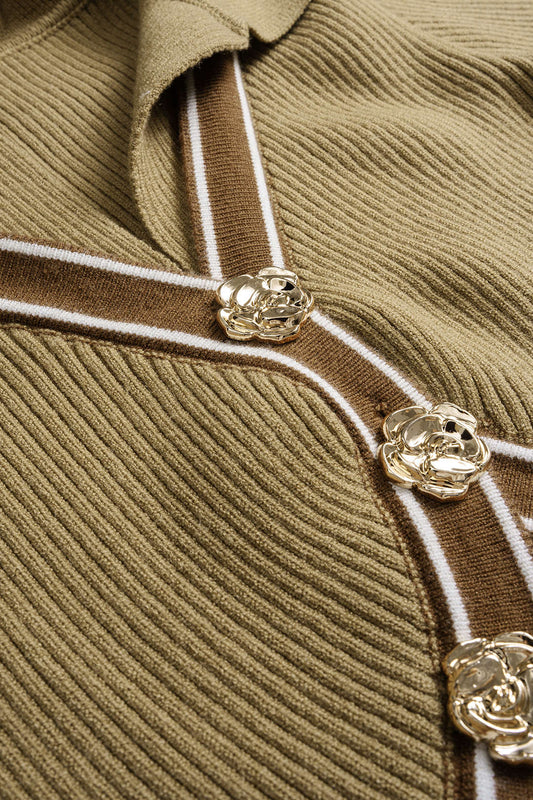 Knit Contrast Asymmetrical Metallic Button Short-Sleeve Top
