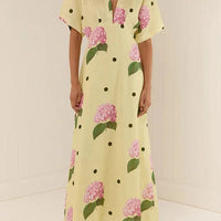 Jasmine Linen Blend Floral Polka Dot Wide Sleeve Shirt Maxi Dress