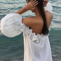 Ruffle Off Shoulder Puff Sleeve Pocketed Midi Dress