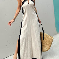 Halter Neck Slit Color Block Maxi Dress