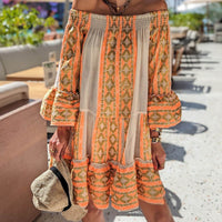Ethnic Print Linen Blend Off Shoulder Loose Mini Dress