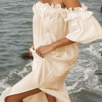 Ruffle Off Shoulder Puff Sleeve Pocketed Midi Dress