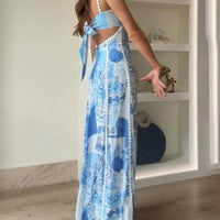 Halter Straps Lace Patchwork Printed Back Tie Halter Flare Maxi Dresses