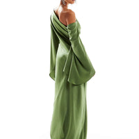 Green Asymmetrical Hem Satin Maxi Dress