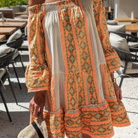Ethnic Print Linen Blend Off Shoulder Loose Mini Dress