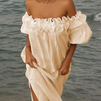 Ruffle Off Shoulder Puff Sleeve Pocketed Midi Dress