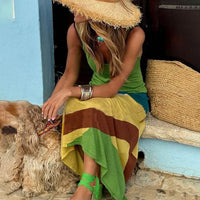 Unique Color Block Stitching Print Backless Slim Fit Maxi Dress