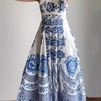 Ethnic Floral Print Back Smocked Loose Midi Dress