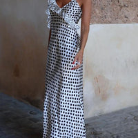 Polka Dot Print Fantasy Guipure Ruffled Suspender Maxi  Dress