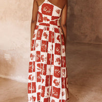 Unique Printed Floral Trim One Shoulder Flared Maxi Dress