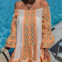 Ethnic Print Linen Blend Off Shoulder Loose Mini Dress