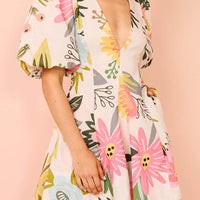 Puff Sleeve Floral Print Pocketed Mini Dress