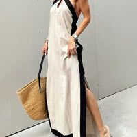 Halter Neck Slit Color Block Maxi Dress