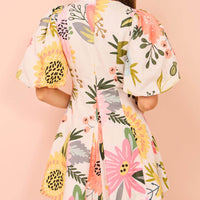 Puff Sleeve Floral Print Pocketed Mini Dress