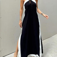 Halter Neck Slit Color Block Maxi Dress